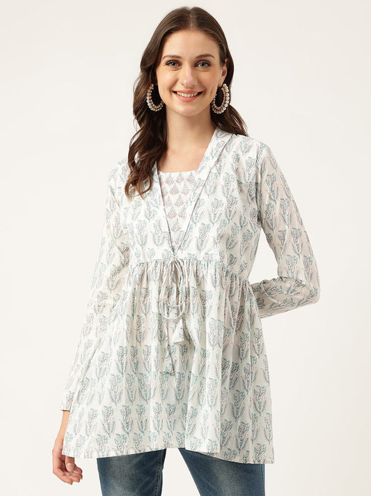 White Floral Printed Empire Cotton Tops | LASVINI - Redefining Indian Fashion with Elegance