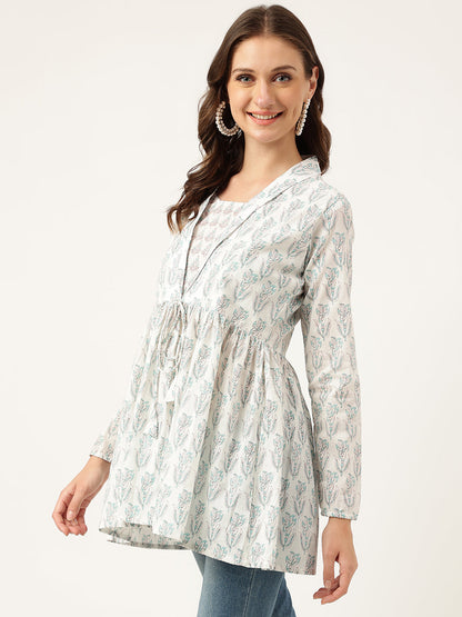 White Floral Printed Empire Cotton Tops | LASVINI - Redefining Indian Fashion with Elegance