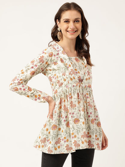 Brown Floral Printed Empire Cotton Tops | LASVINI - Redefining Indian Fashion with Elegance