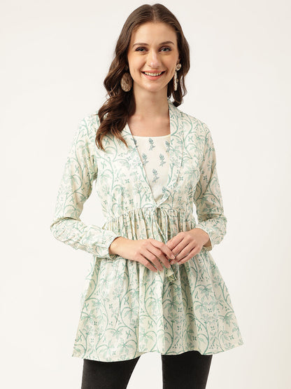 Sea Green Floral Printed Empire Cotton Tops | LASVINI - Redefining Indian Fashion with Elegance