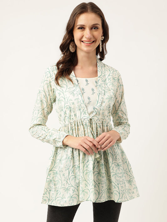 Sea Green Floral Printed Empire Cotton Tops | LASVINI - Redefining Indian Fashion with Elegance