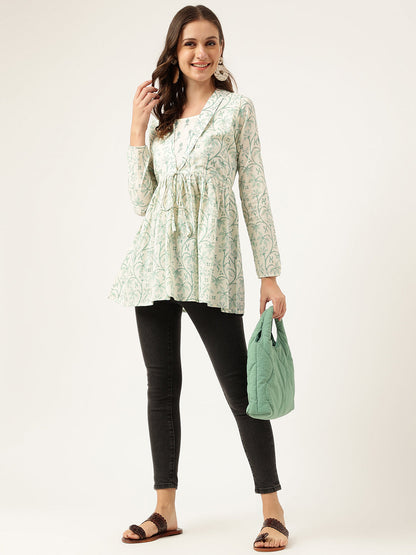 Sea Green Floral Printed Empire Cotton Tops | LASVINI - Redefining Indian Fashion with Elegance