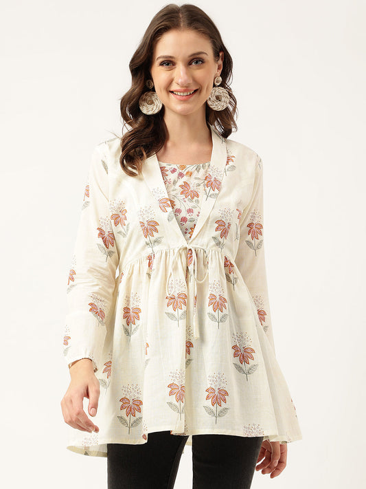 Floral Printed Cream Empire Cotton Tops | LASVINI - Redefining Indian Fashion with Elegance