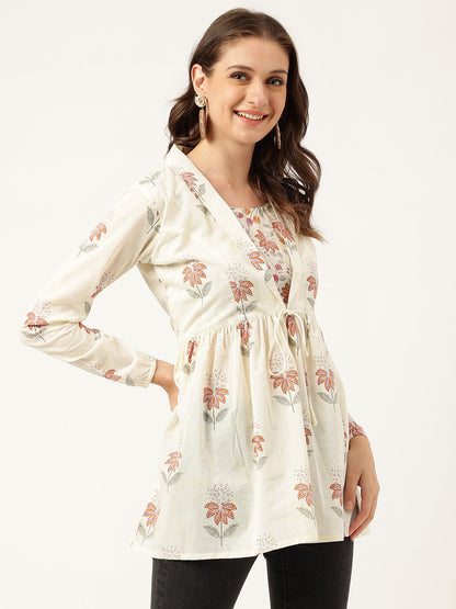 Floral Printed Cream Empire Cotton Tops | LASVINI - Redefining Indian Fashion with Elegance