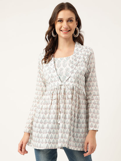 White & Blue Floral Printed Empire Cotton Tops | LASVINI - Redefining Indian Fashion with Elegance