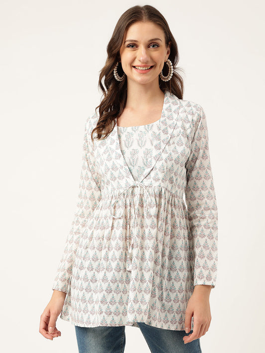 White & Blue Floral Printed Empire Cotton Tops | LASVINI - Redefining Indian Fashion with Elegance