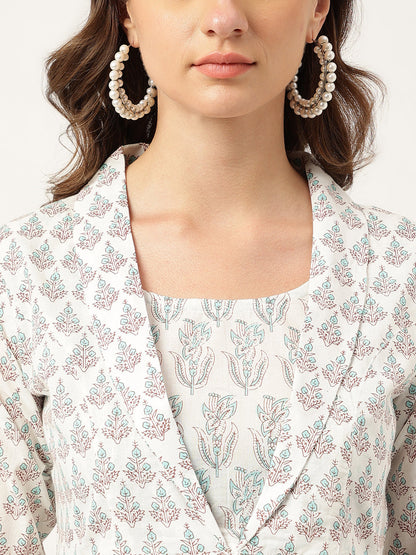 White & Blue Floral Printed Empire Cotton Tops | LASVINI - Redefining Indian Fashion with Elegance