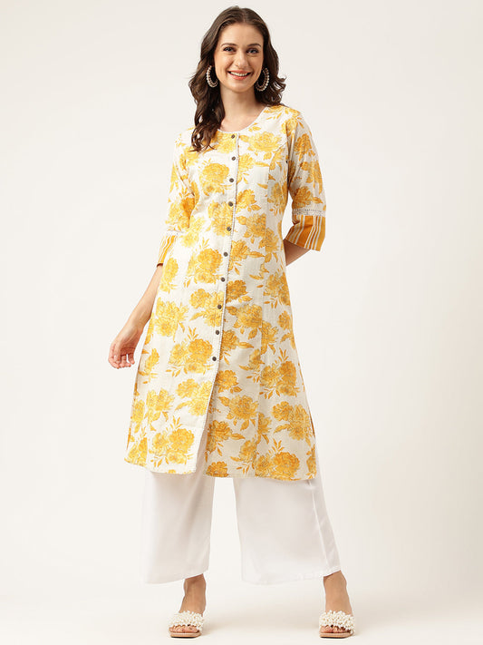 Mustard Floral Printed A-Line Cotton Kurta | LASVINI - Redefining Indian Fashion with Elegance