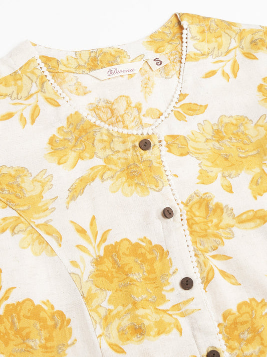 Mustard Floral Printed A-Line Cotton Kurta | LASVINI - Redefining Indian Fashion with Elegance