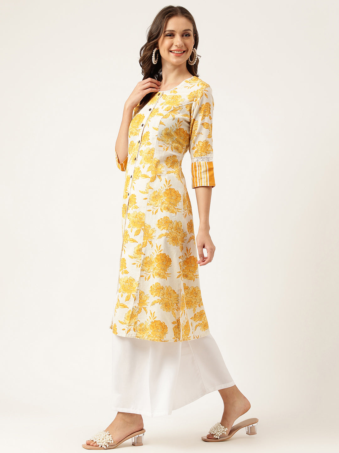 Mustard Floral Printed A-Line Cotton Kurta | LASVINI - Redefining Indian Fashion with Elegance