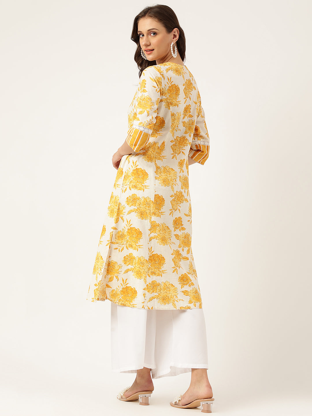 Mustard Floral Printed A-Line Cotton Kurta | LASVINI - Redefining Indian Fashion with Elegance