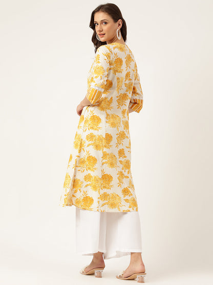 Mustard Floral Printed A-Line Cotton Kurta | LASVINI - Redefining Indian Fashion with Elegance
