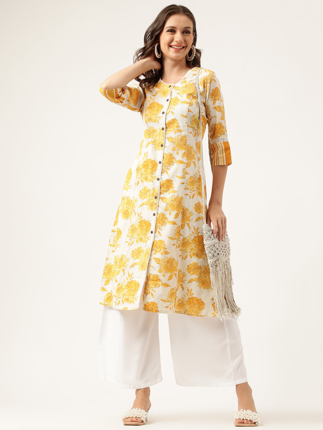 Mustard Floral Printed A-Line Cotton Kurta | LASVINI - Redefining Indian Fashion with Elegance