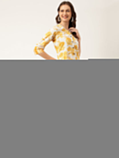 Mustard Floral Printed A-Line Cotton Kurta | LASVINI - Redefining Indian Fashion with Elegance