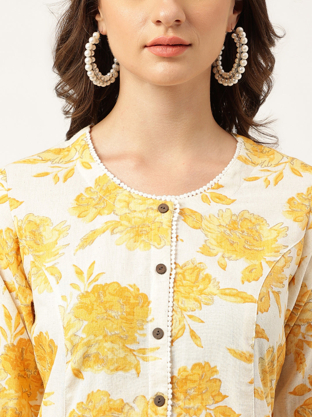 Mustard Floral Printed A-Line Cotton Kurta | LASVINI - Redefining Indian Fashion with Elegance