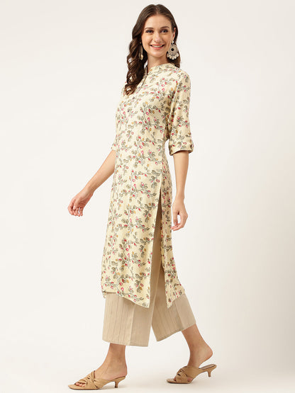 Beige Floral Digital Printed Straight Fold Sleeve Kurta | LASVINI - Redefining Indian Fashion with Elegance