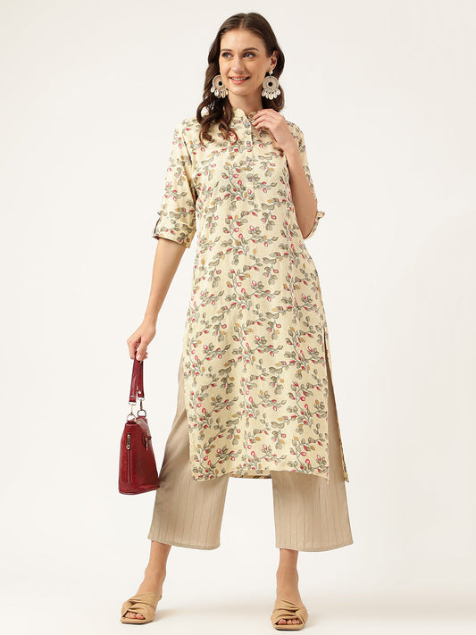 Beige Floral Digital Printed Straight Fold Sleeve Kurta | LASVINI - Redefining Indian Fashion with Elegance