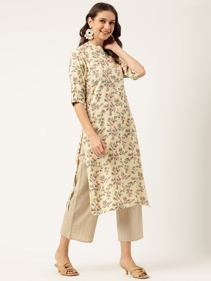 Beige Floral Digital Printed Straight Fold Sleeve Kurta | LASVINI - Redefining Indian Fashion with Elegance