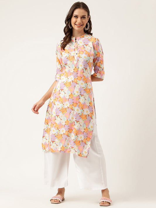 Multi Colored Floral Digital Printed Straight Half Sleeve Kurta | LASVINI - Redefining Indian Fashion with Elegance