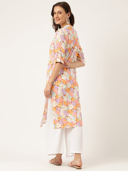 Multi Colored Floral Digital Printed Straight Half Sleeve Kurta | LASVINI - Redefining Indian Fashion with Elegance