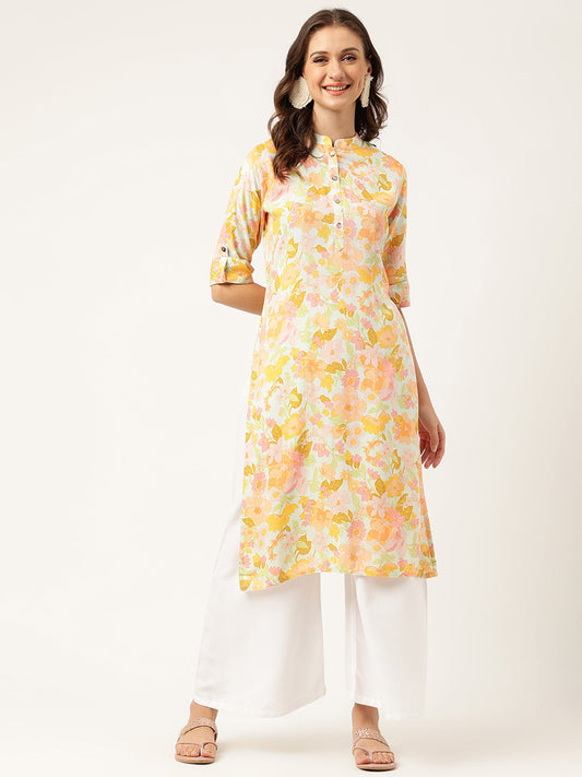 Multi Colored Floral Digital Printed Straight Fold Sleeve Kurta | LASVINI - Redefining Indian Fashion with Elegance