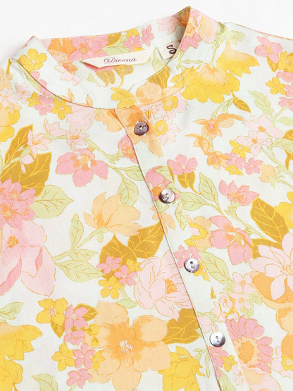 Multi Colored Floral Digital Printed Straight Fold Sleeve Kurta | LASVINI - Redefining Indian Fashion with Elegance