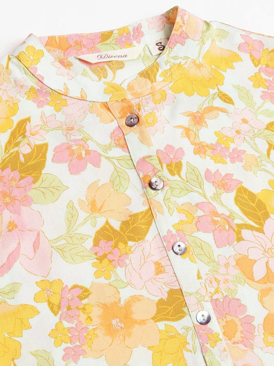 Multi Colored Floral Digital Printed Straight Fold Sleeve Kurta | LASVINI - Redefining Indian Fashion with Elegance