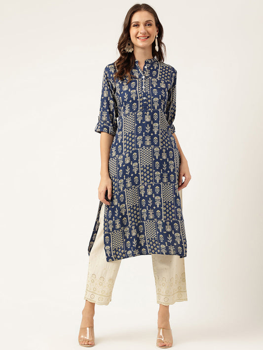 Navy Floral Digital Printed Straight Fold Sleeve Kurta | LASVINI - Redefining Indian Fashion with Elegance
