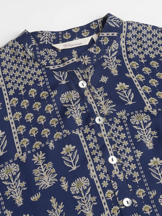 Navy Floral Digital Printed Straight Fold Sleeve Kurta | LASVINI - Redefining Indian Fashion with Elegance