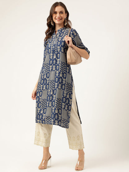Navy Floral Digital Printed Straight Fold Sleeve Kurta | LASVINI - Redefining Indian Fashion with Elegance