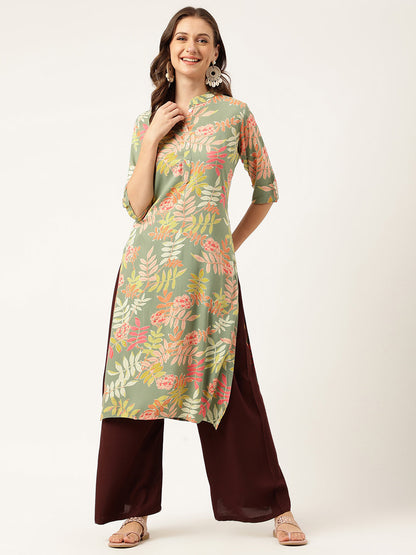 Green Floral Digital Printed Straight Fold Sleeve Kurta | LASVINI - Redefining Indian Fashion with Elegance