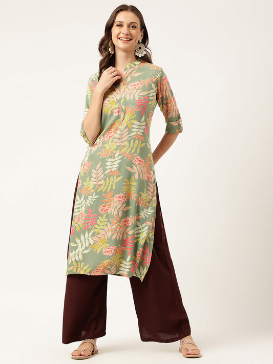 Green Floral Digital Printed Straight Fold Sleeve Kurta | LASVINI - Redefining Indian Fashion with Elegance