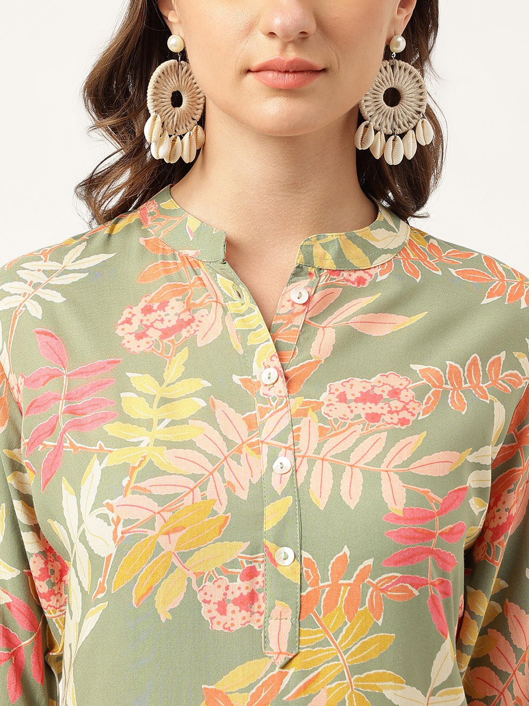Green Floral Digital Printed Straight Fold Sleeve Kurta | LASVINI - Redefining Indian Fashion with Elegance