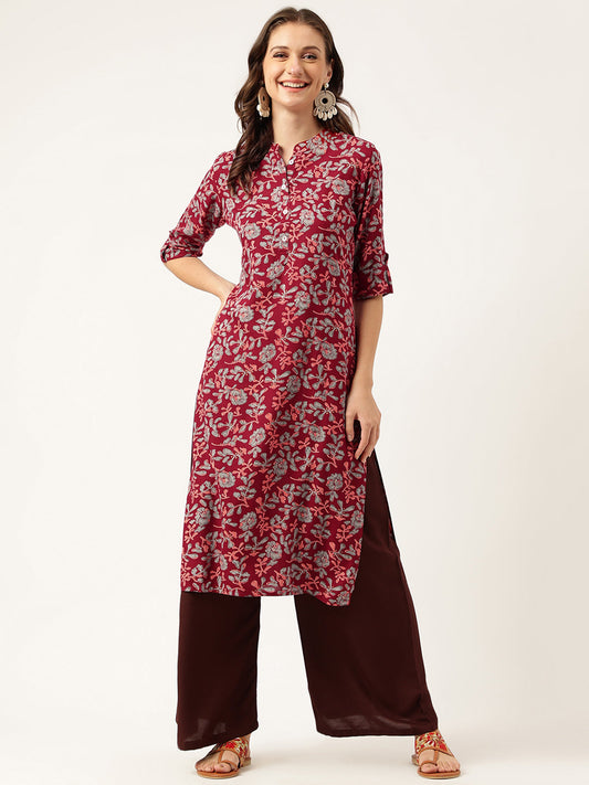 Maroon Floral Digital Printed Straight Fold Sleeve Kurta | LASVINI - Redefining Indian Fashion with Elegance