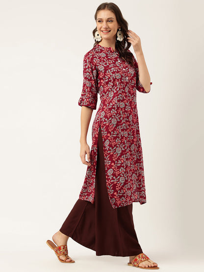 Maroon Floral Digital Printed Straight Fold Sleeve Kurta | LASVINI - Redefining Indian Fashion with Elegance