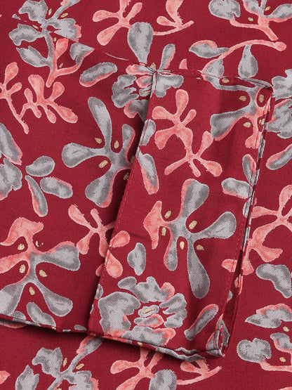 Maroon Floral Digital Printed Straight Fold Sleeve Kurta | LASVINI - Redefining Indian Fashion with Elegance