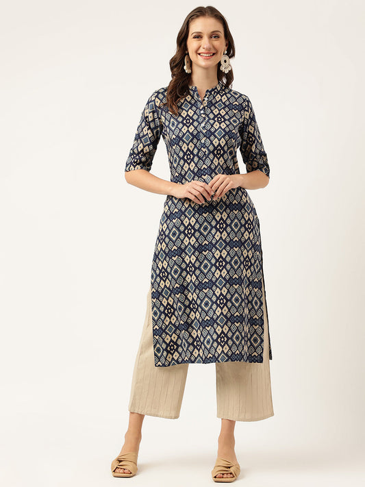 Navy Blue Floral Digital Printed Straight Fold Sleeve Kurta | LASVINI - Redefining Indian Fashion with Elegance