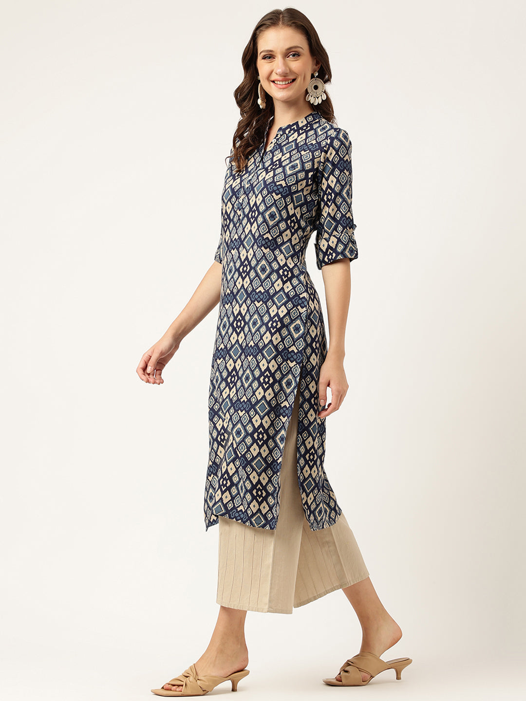 Navy Blue Floral Digital Printed Straight Fold Sleeve Kurta | LASVINI - Redefining Indian Fashion with Elegance