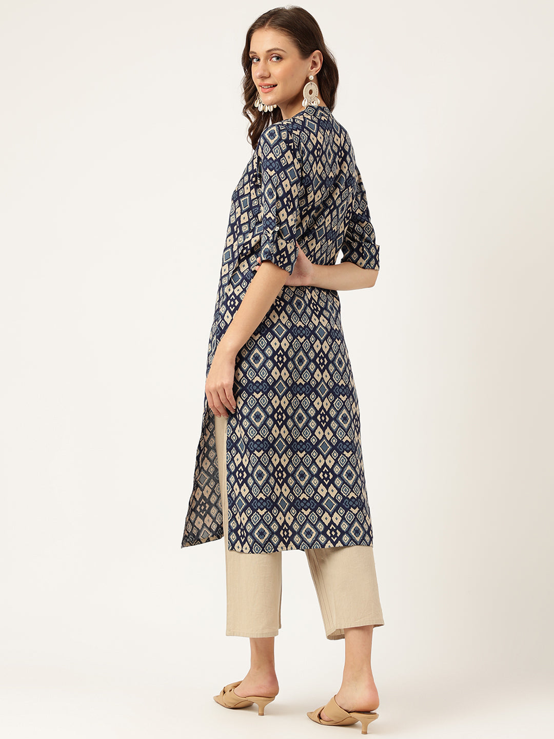 Navy Blue Floral Digital Printed Straight Fold Sleeve Kurta | LASVINI - Redefining Indian Fashion with Elegance
