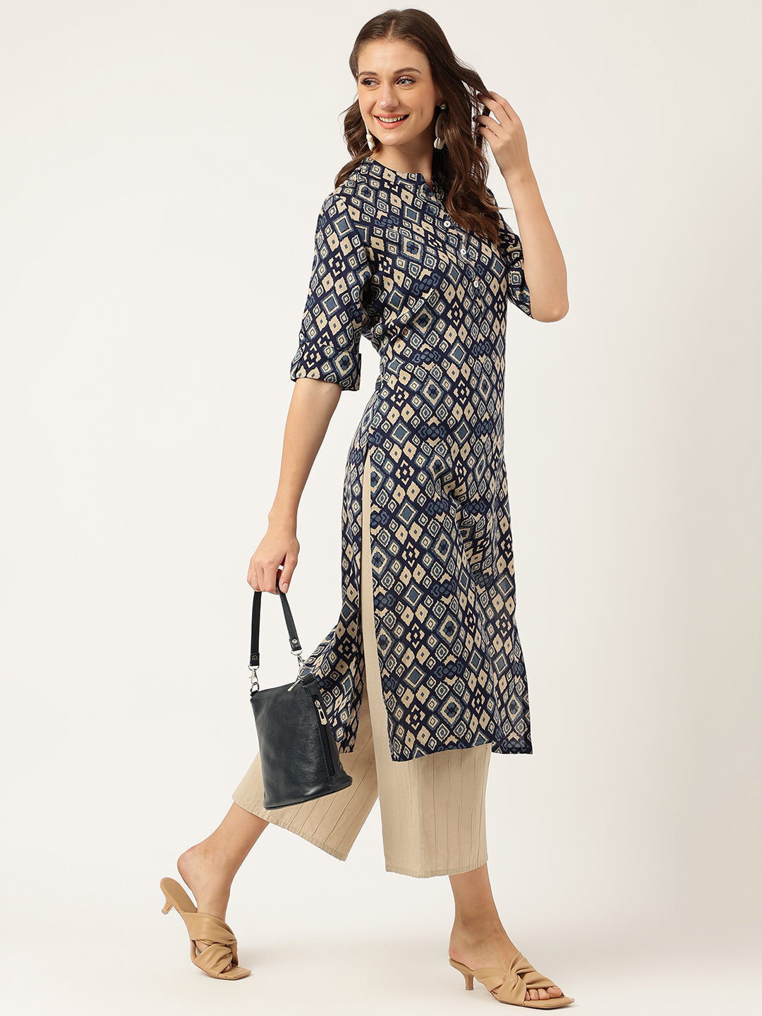 Navy Blue Floral Digital Printed Straight Fold Sleeve Kurta | LASVINI - Redefining Indian Fashion with Elegance