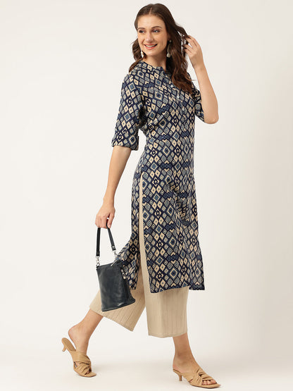 Navy Blue Floral Digital Printed Straight Fold Sleeve Kurta | LASVINI - Redefining Indian Fashion with Elegance