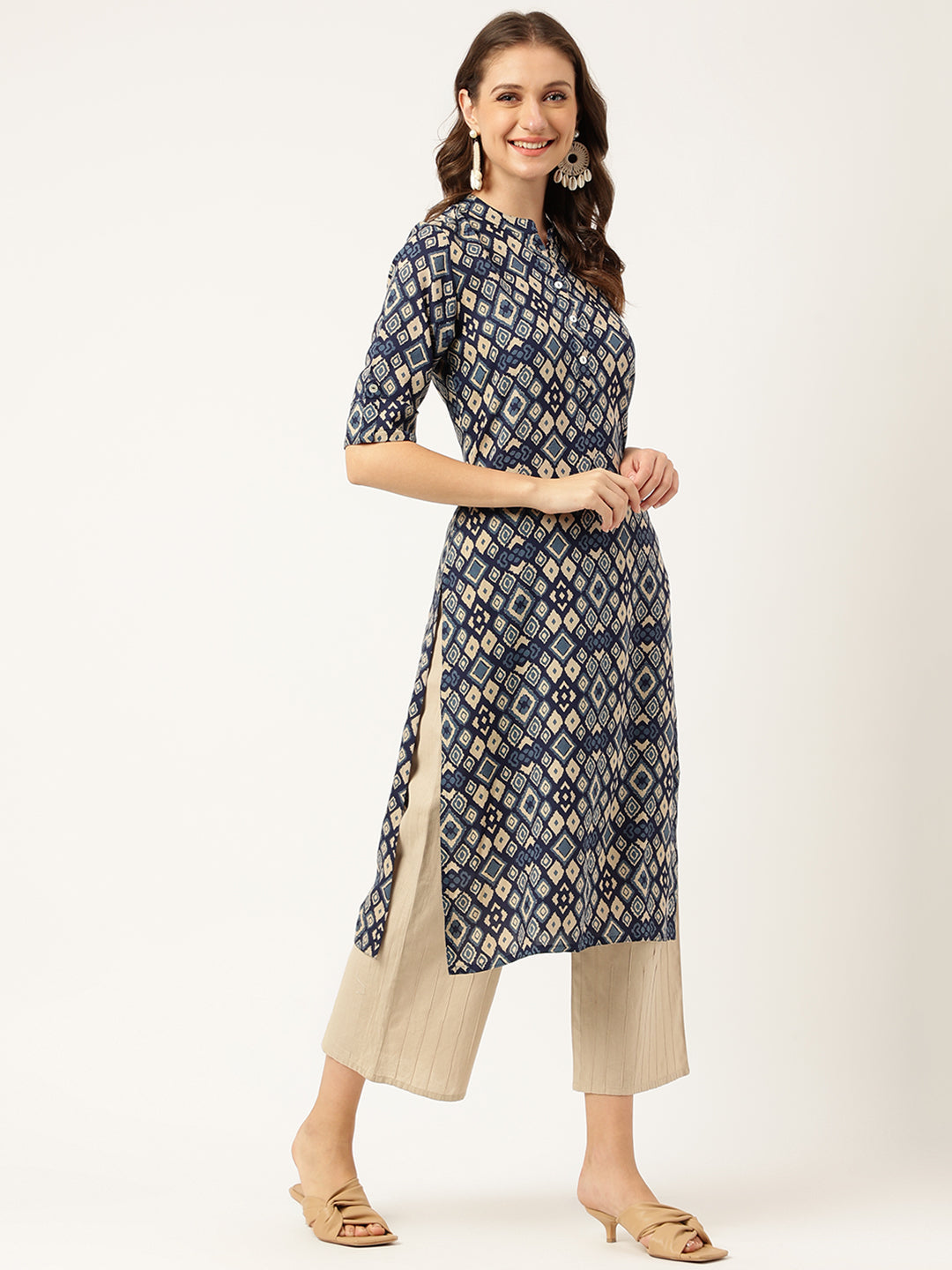 Navy Blue Floral Digital Printed Straight Fold Sleeve Kurta | LASVINI - Redefining Indian Fashion with Elegance