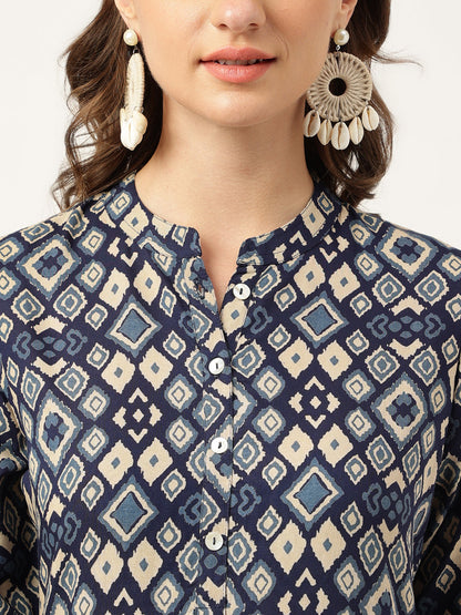 Navy Blue Floral Digital Printed Straight Fold Sleeve Kurta | LASVINI - Redefining Indian Fashion with Elegance
