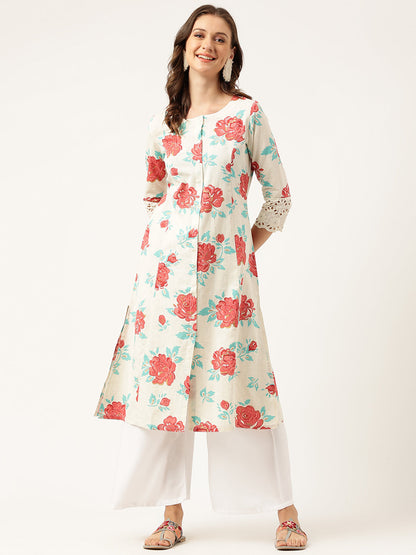 Cream Floral Printed Cotton A-Line Kurta | LASVINI - Redefining Indian Fashion with Elegance