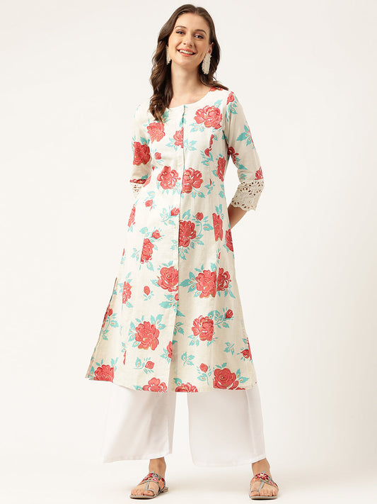 Cream Floral Printed Cotton A-Line Kurta | LASVINI - Redefining Indian Fashion with Elegance