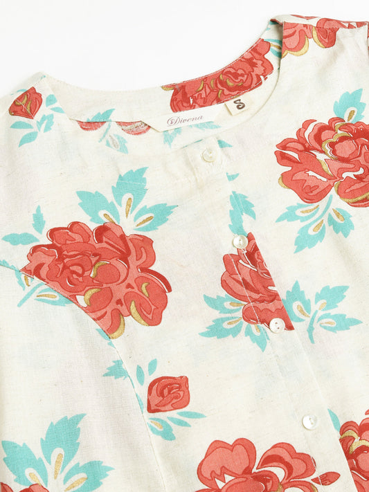 Cream Floral Printed Cotton A-Line Kurta | LASVINI - Redefining Indian Fashion with Elegance