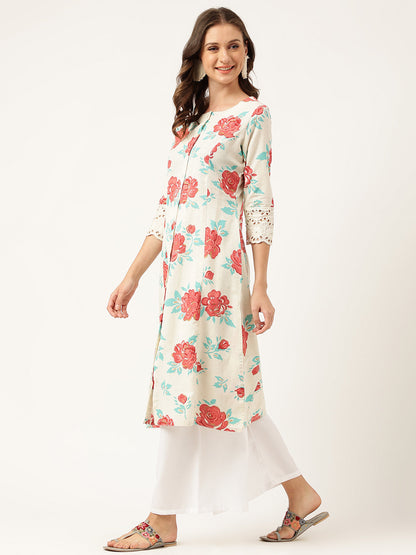 Cream Floral Printed Cotton A-Line Kurta | LASVINI - Redefining Indian Fashion with Elegance