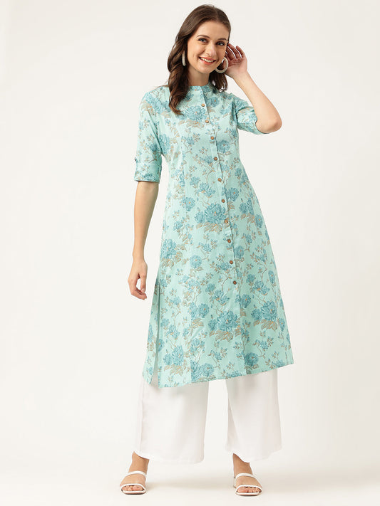Sea Green Floral Printed Cotton A-Line Kurta | LASVINI - Redefining Indian Fashion with Elegance