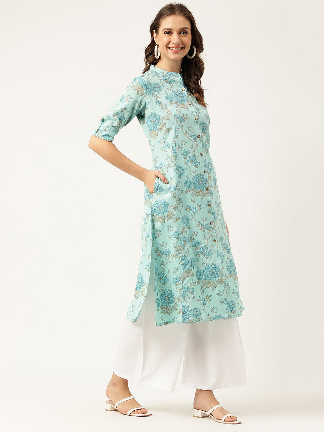 Sea Green Floral Printed Cotton A-Line Kurta | LASVINI - Redefining Indian Fashion with Elegance