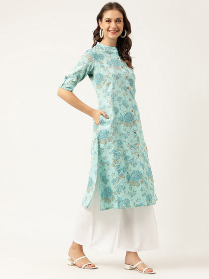 Sea Green Floral Printed Cotton A-Line Kurta | LASVINI - Redefining Indian Fashion with Elegance